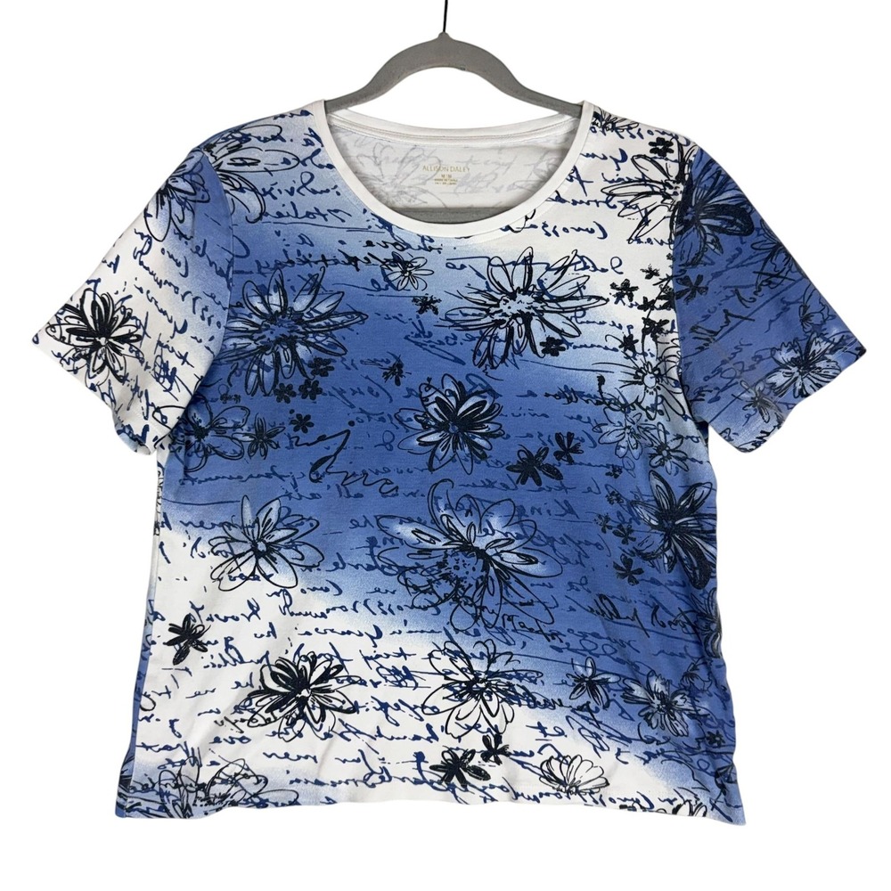 Allison Daley Shirt Womens Medium Blue Floral Script Short Sleeve Crewneck Top